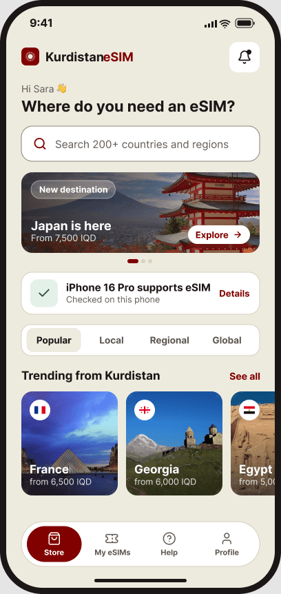 KurdistanEsim app home screen